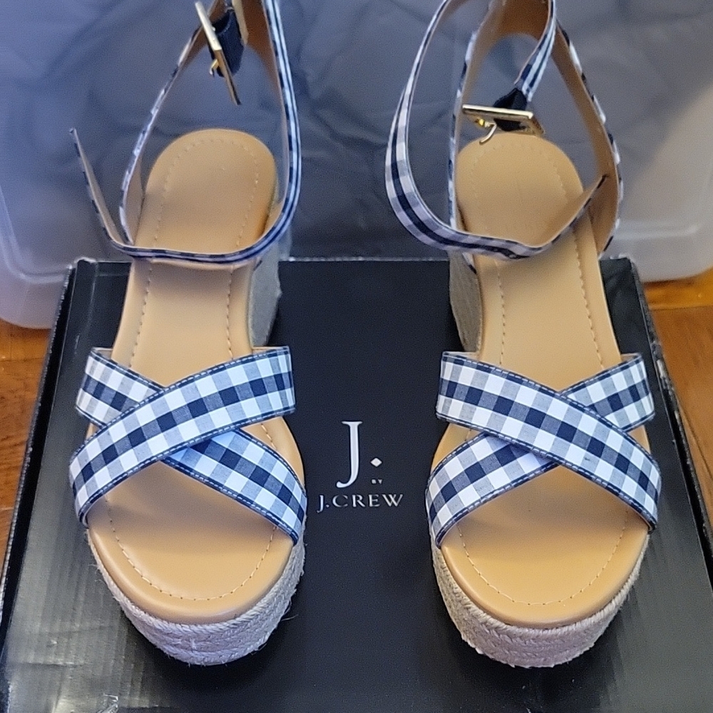 J. Crew Women's Navy and White Checkered Wedge Sandals, size 8.